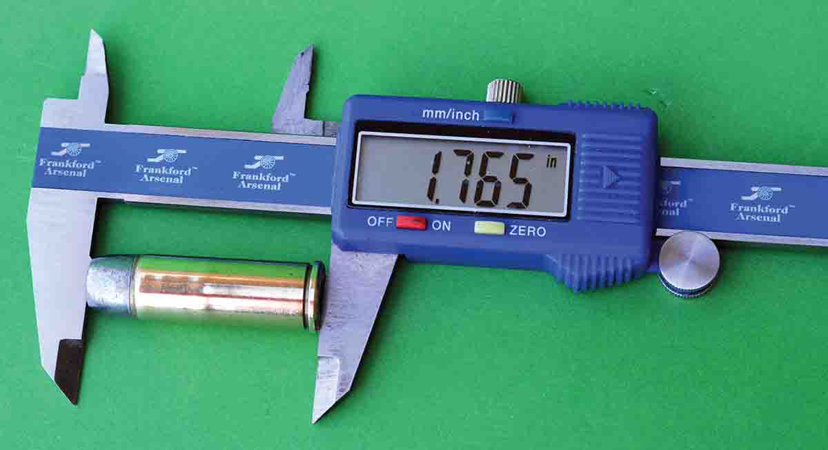 SAAMI maximum overall cartridge length is listed at 1.765 inches. However, select handloads exceeded this limit slightly, but worked perfectly in the Freedom Arms Model 757 revolver.